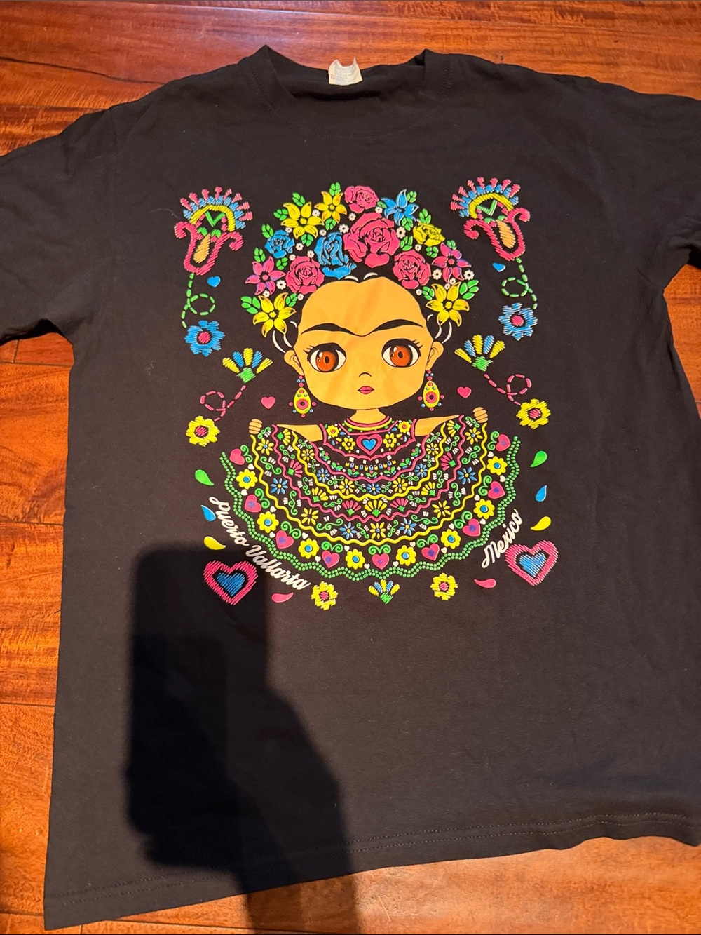 Women's Black Short Sleeve Tee with Colorful Floral Graphic